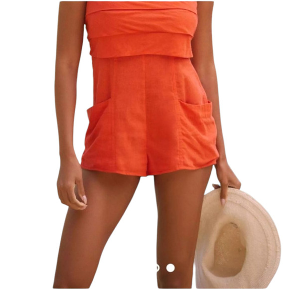 ANTHROPOLOGIE Women’s Romper Strapless Linen Orange Red Xlarge XXS Beach NEW - Picture 1 of 10